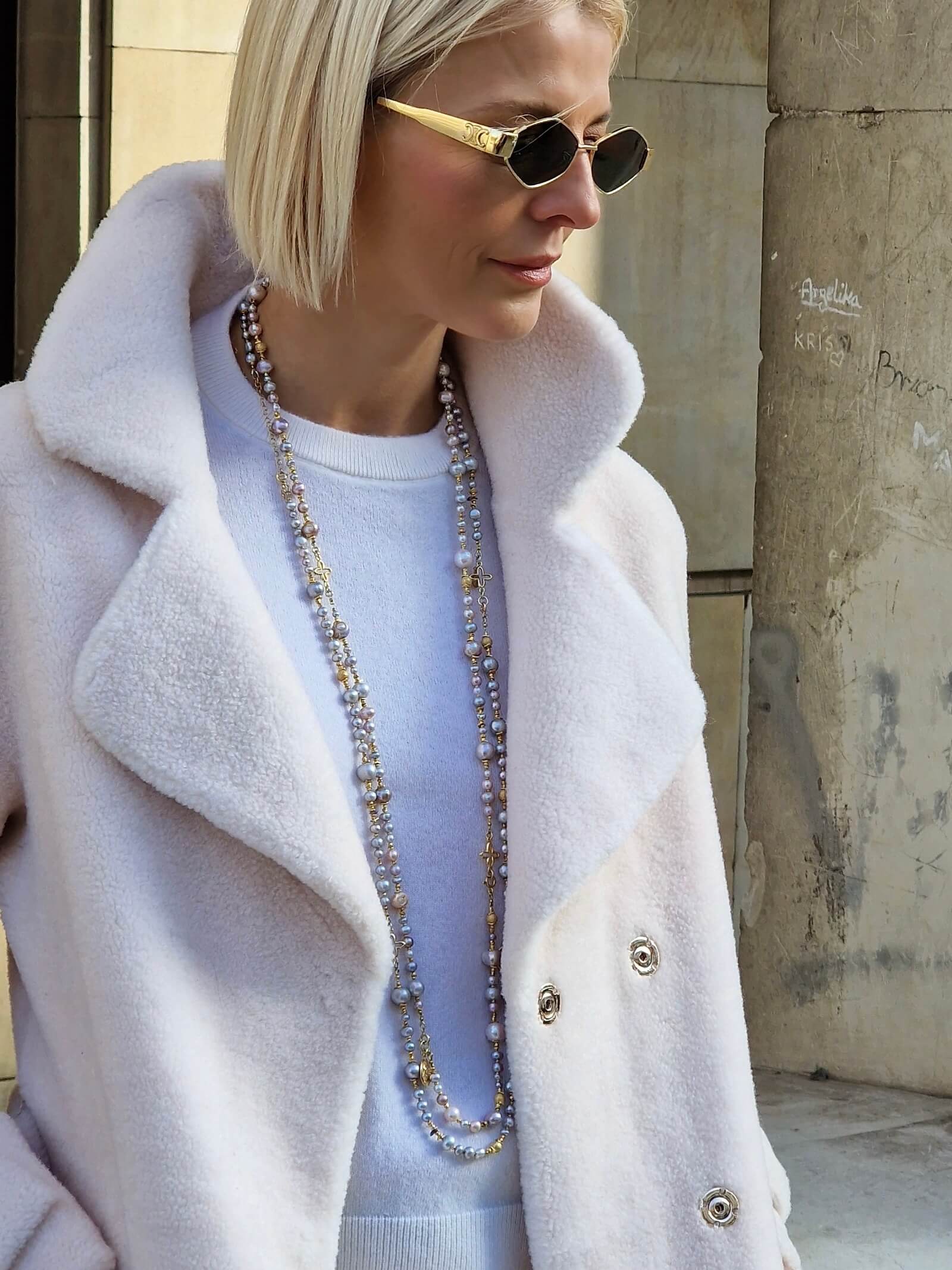 Długi Naszyjnik z Szarych Pereł z Dopinaną Bransoletką