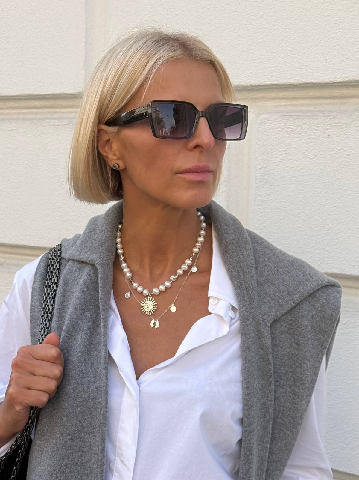 Naszyjnik z Białych Pereł z Labradorytem i ze Słońcem - Srebro 925