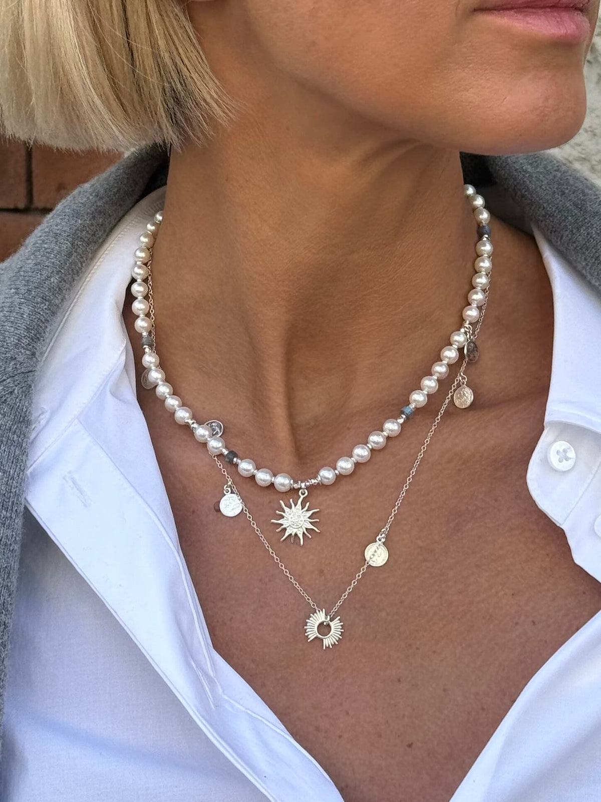 White Pearl Necklace in Silver with Sun Pendant