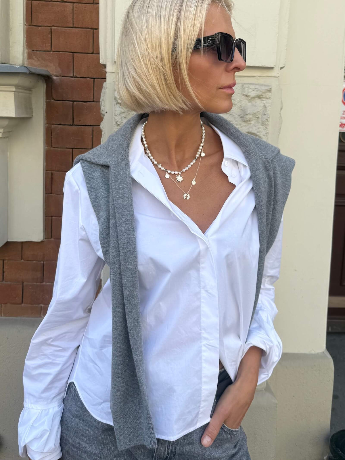 White Pearl Necklace in Silver with Sun Pendant