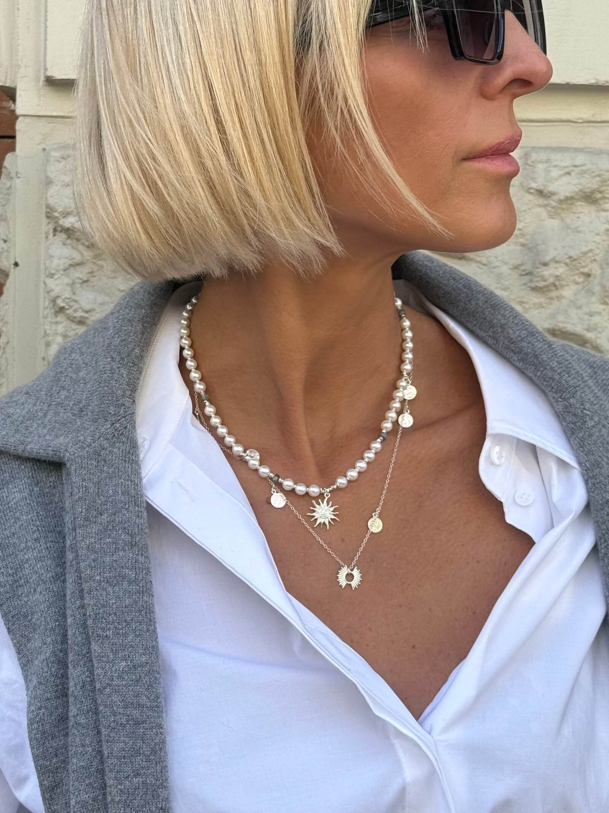 White Pearl Necklace in Silver with Sun Pendant