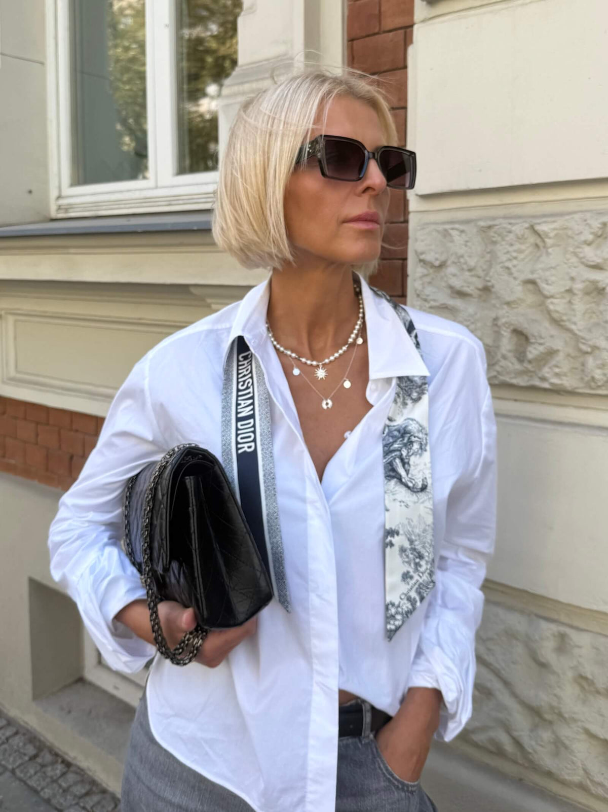 White Pearl Necklace in Silver with Sun Pendant