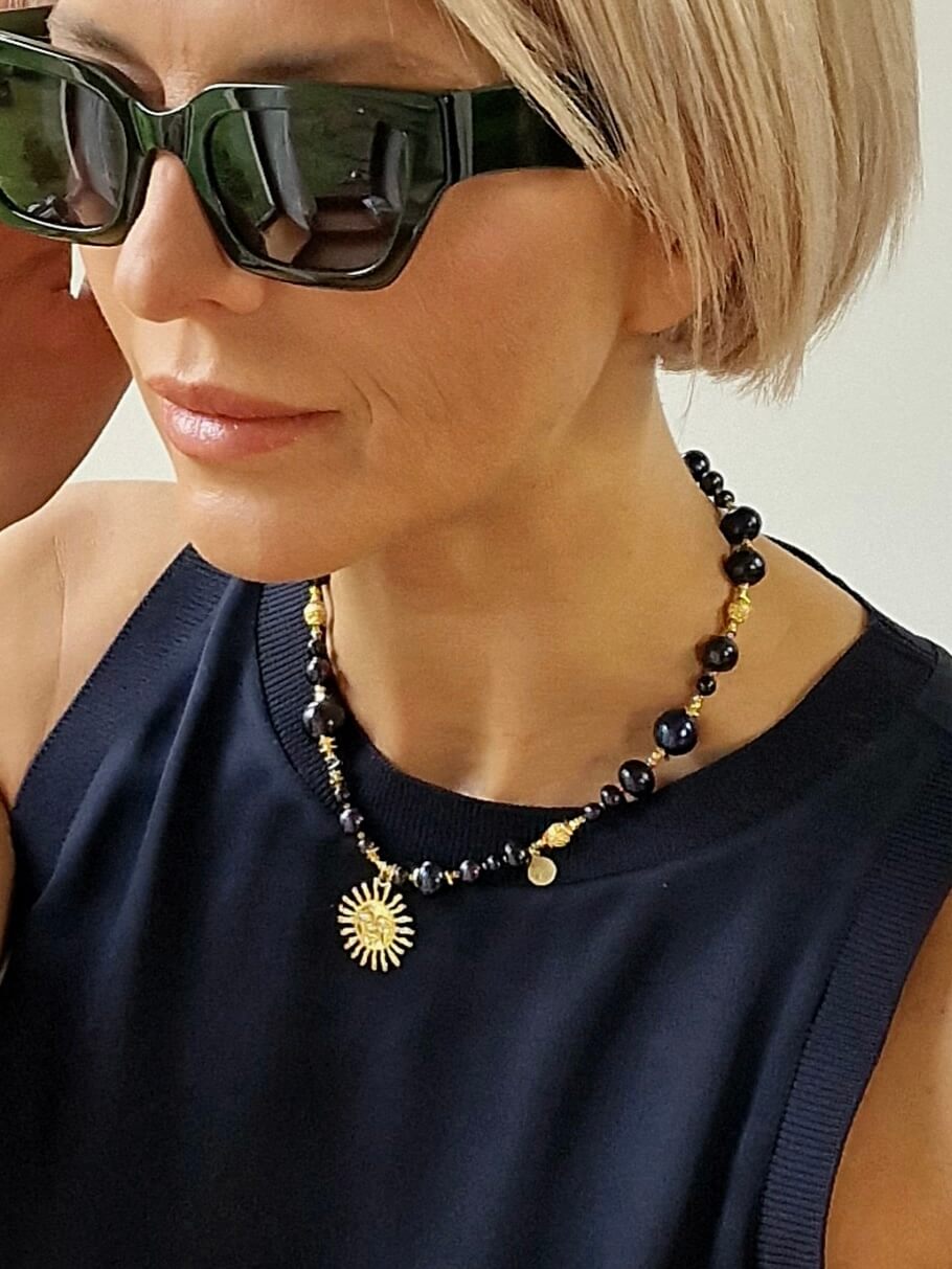 Naszyjnik z Czarnych Pereł z Zawieszką - Słońce