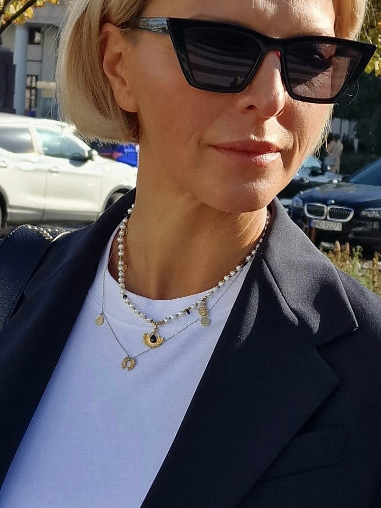 Naszyjnik z Białych Pereł z Zawieszką - Słońce z Turmalinem