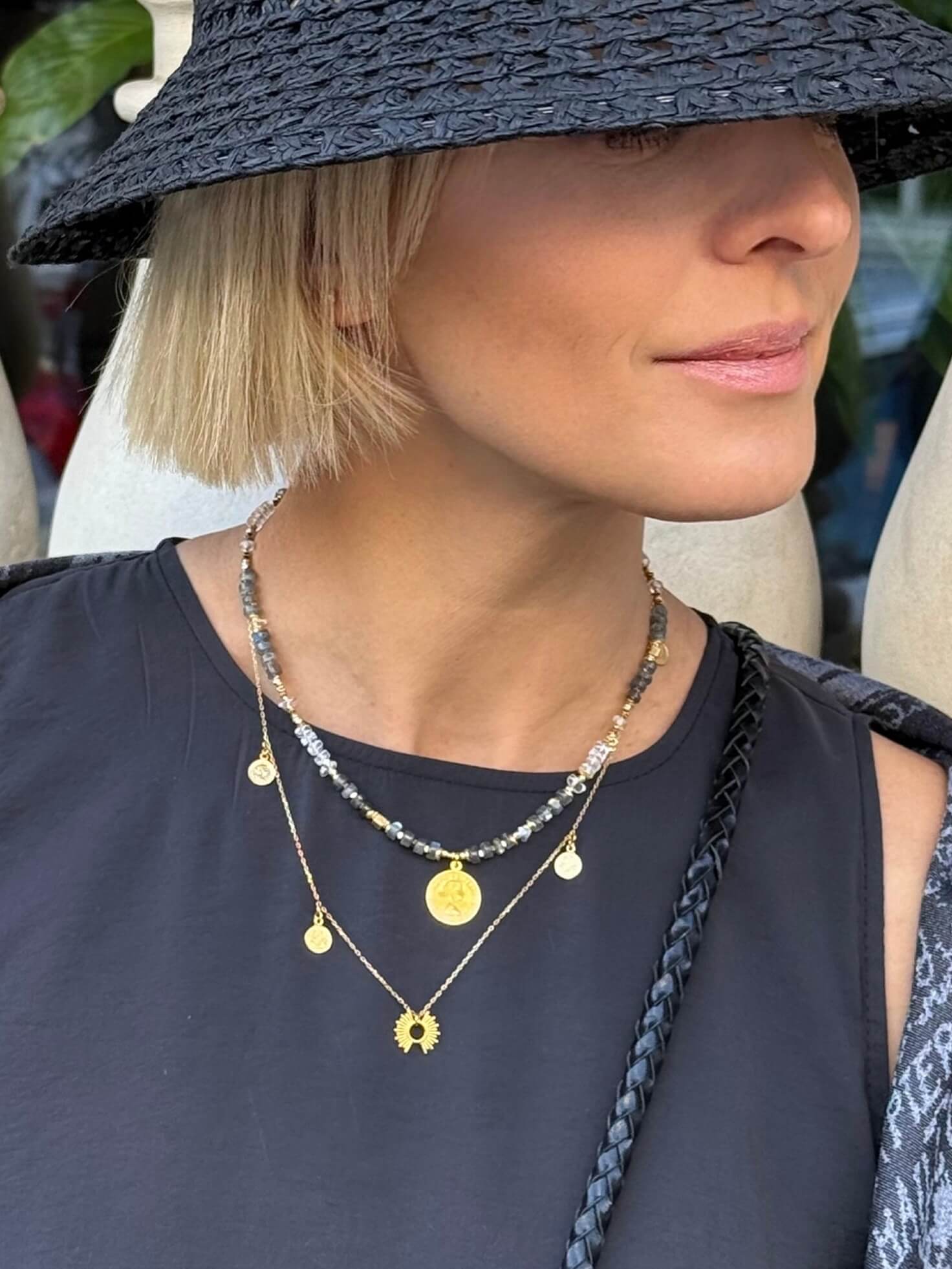 Labradorite and Rock Crystal Necklace with Pendant - Coin