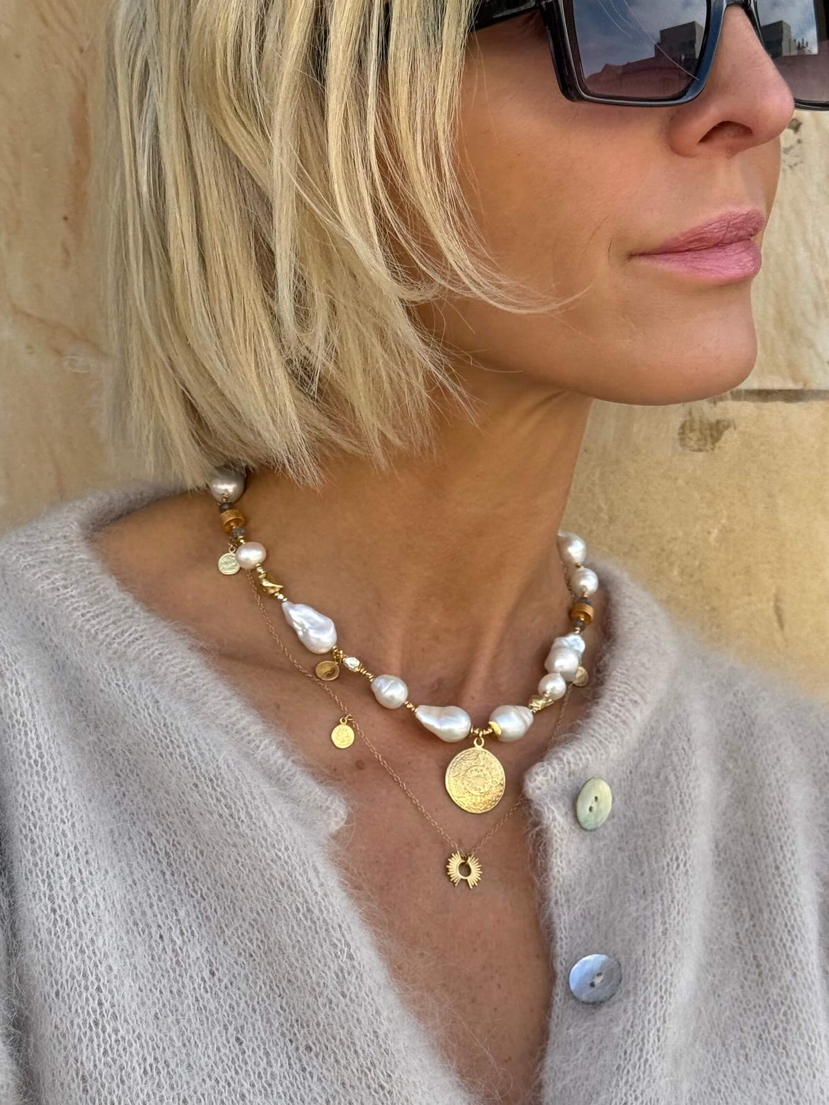 Small Baroque Pearl Necklace with Aztec Coin Pendant