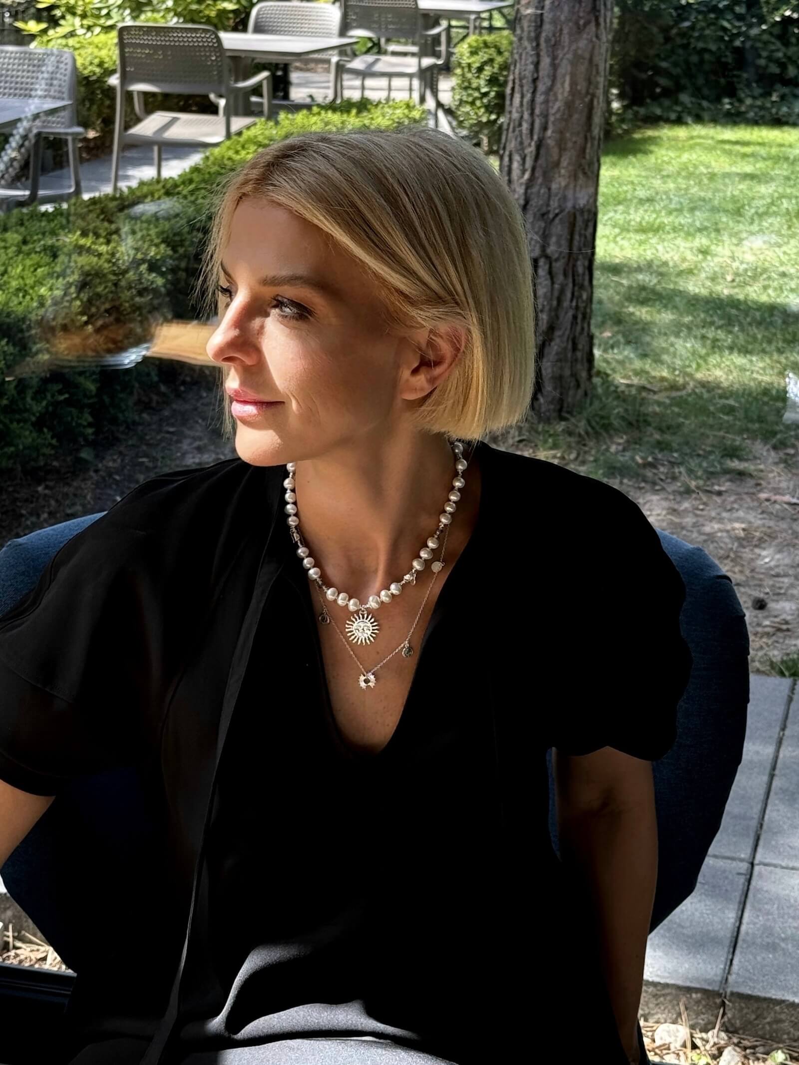 Naszyjnik z Białych Pereł ze Słońcem - Srebro 925