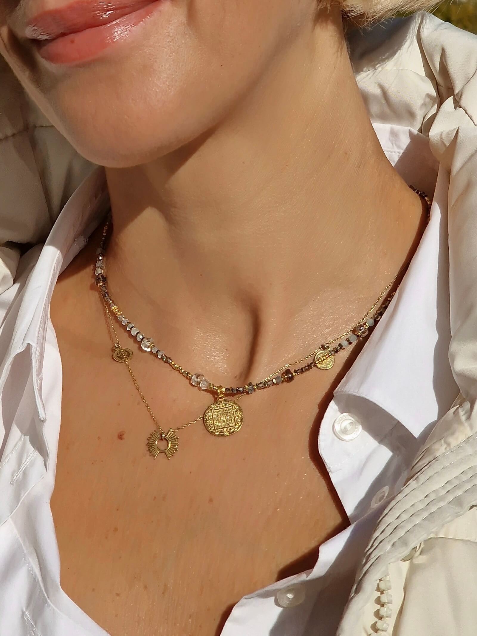 Labradorite and Smoky Quartz Necklace with Pendant - Coin