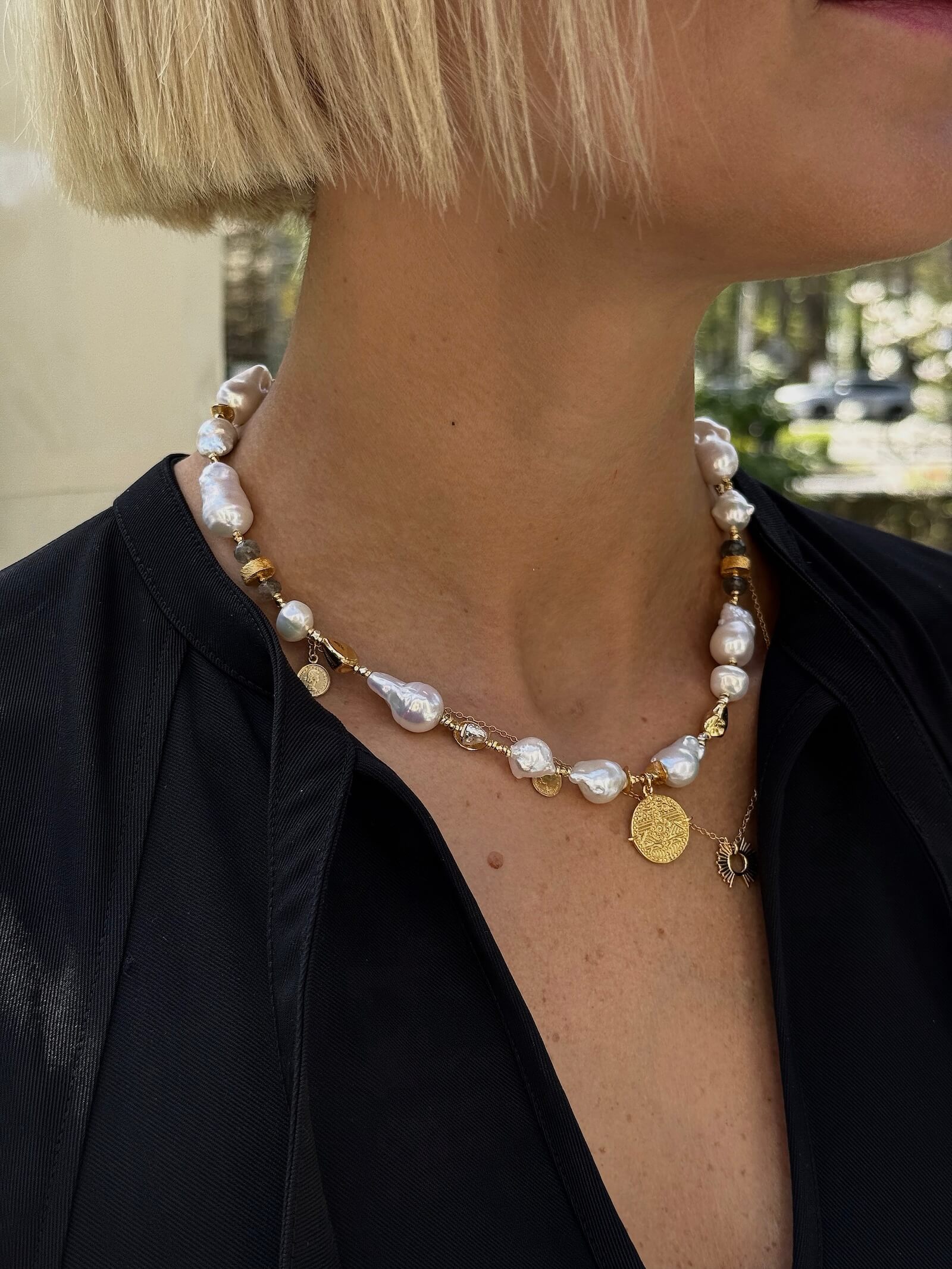 Irregular Pearl Necklace with Labradorite and Pendant - Small Aztec Coin