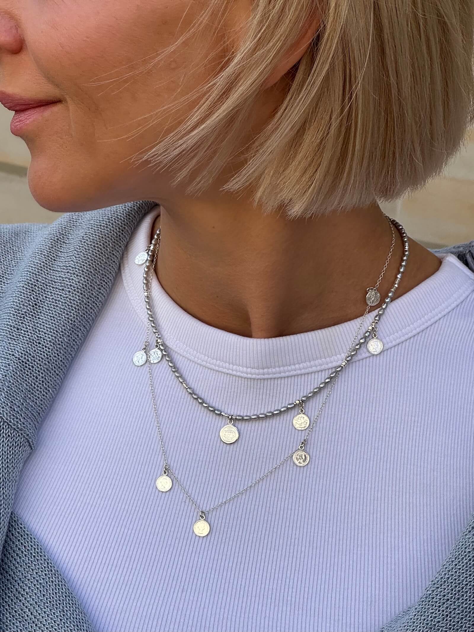 Gray Pearl Necklace with Coins - Silver 925