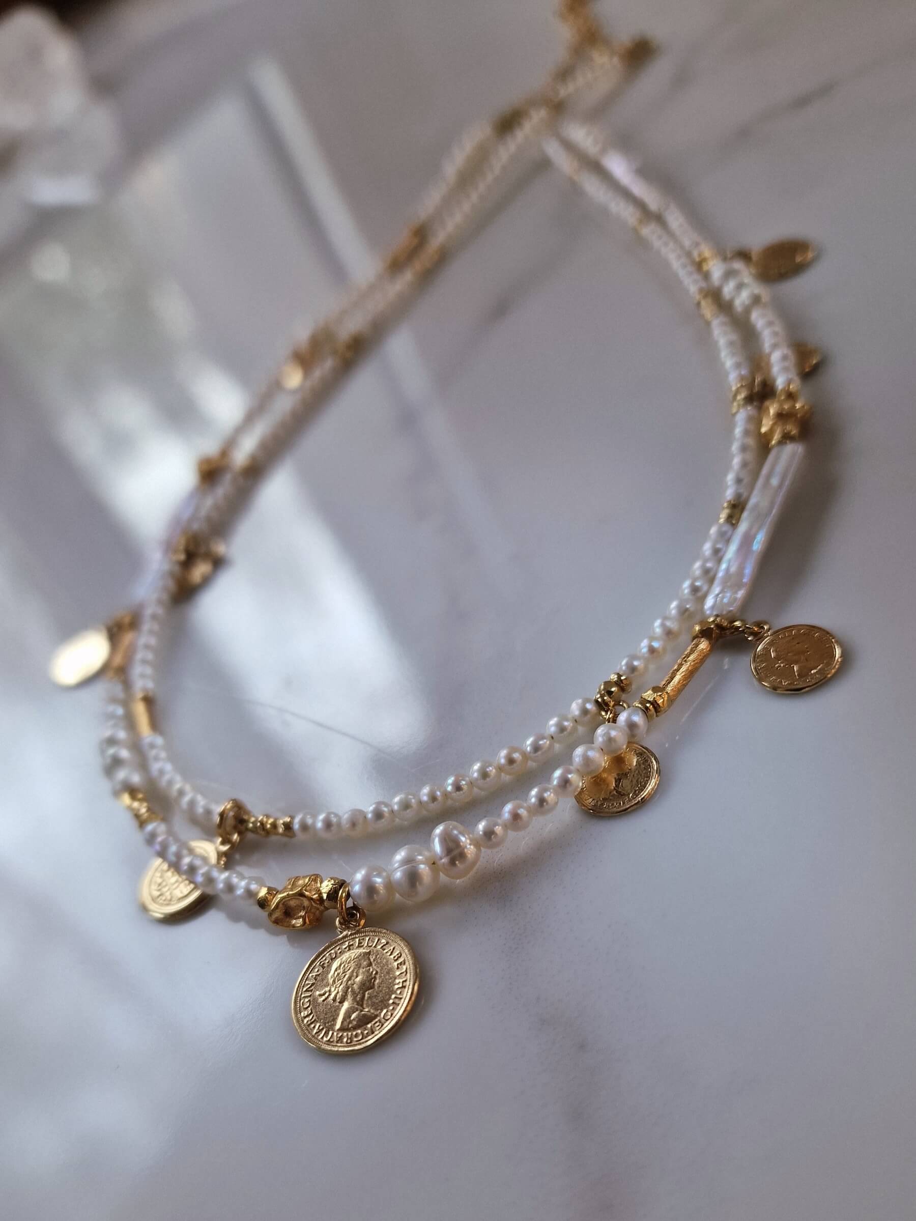 Set of White Pearl Necklaces with Coins