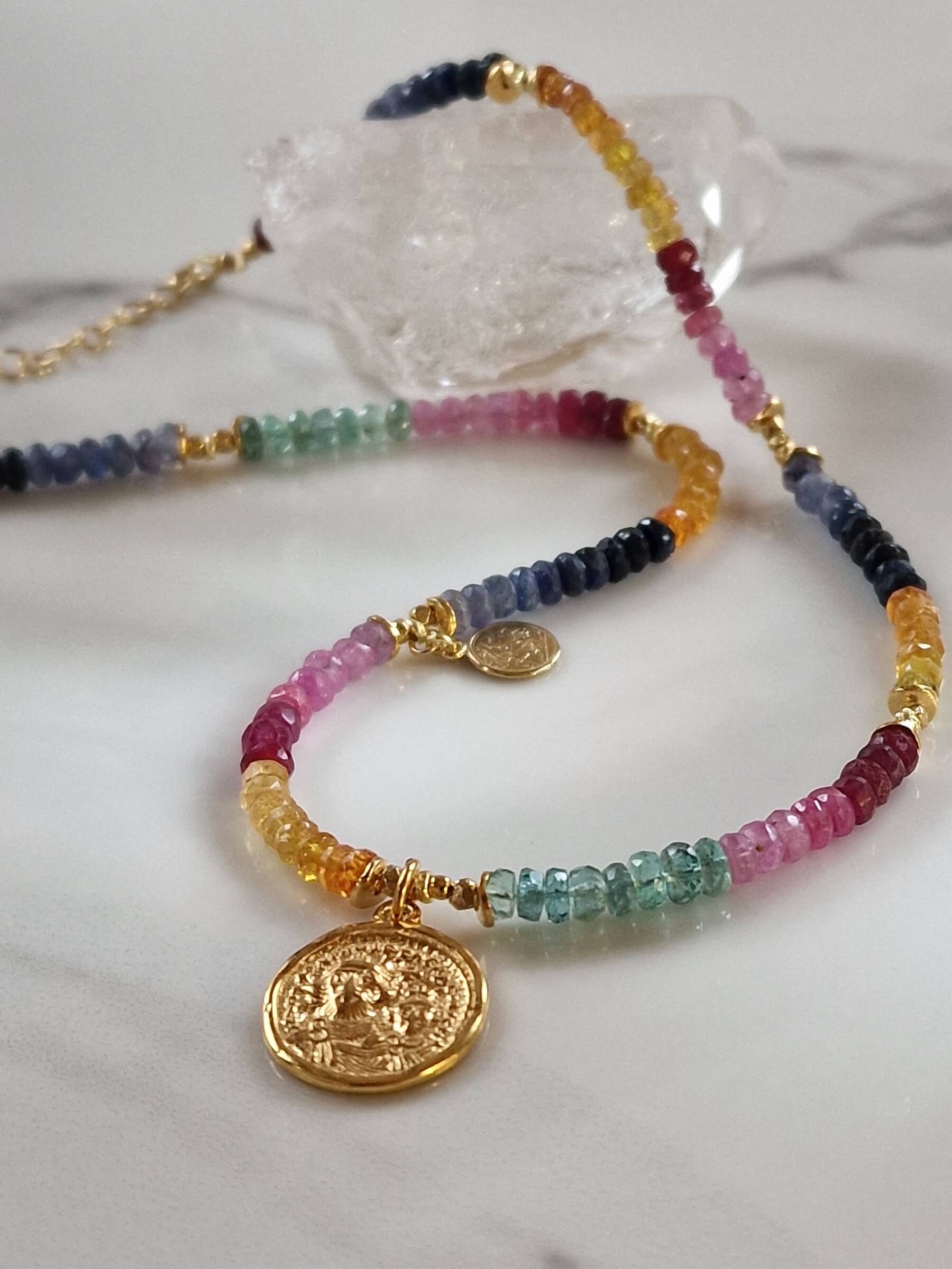 Ruby, Emerald and Sapphire Necklace with Pendant - Coin