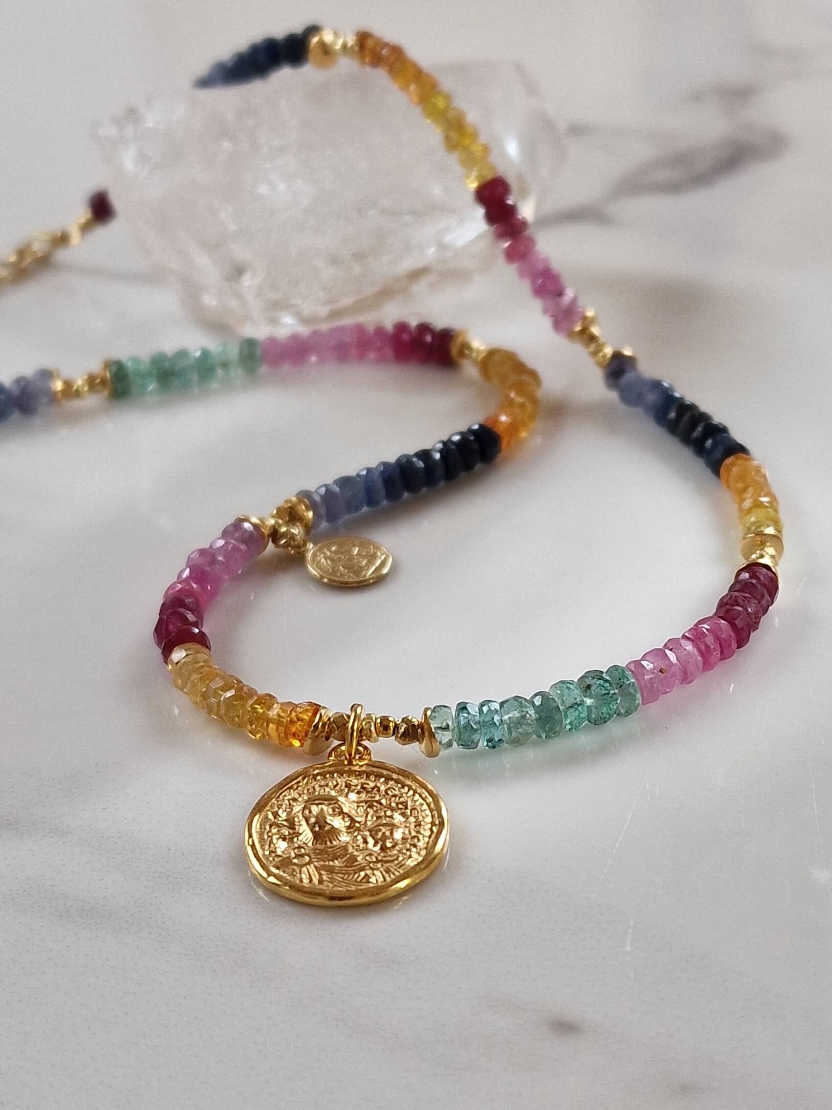 Ruby, Emerald and Sapphire Necklace with Pendant - Coin