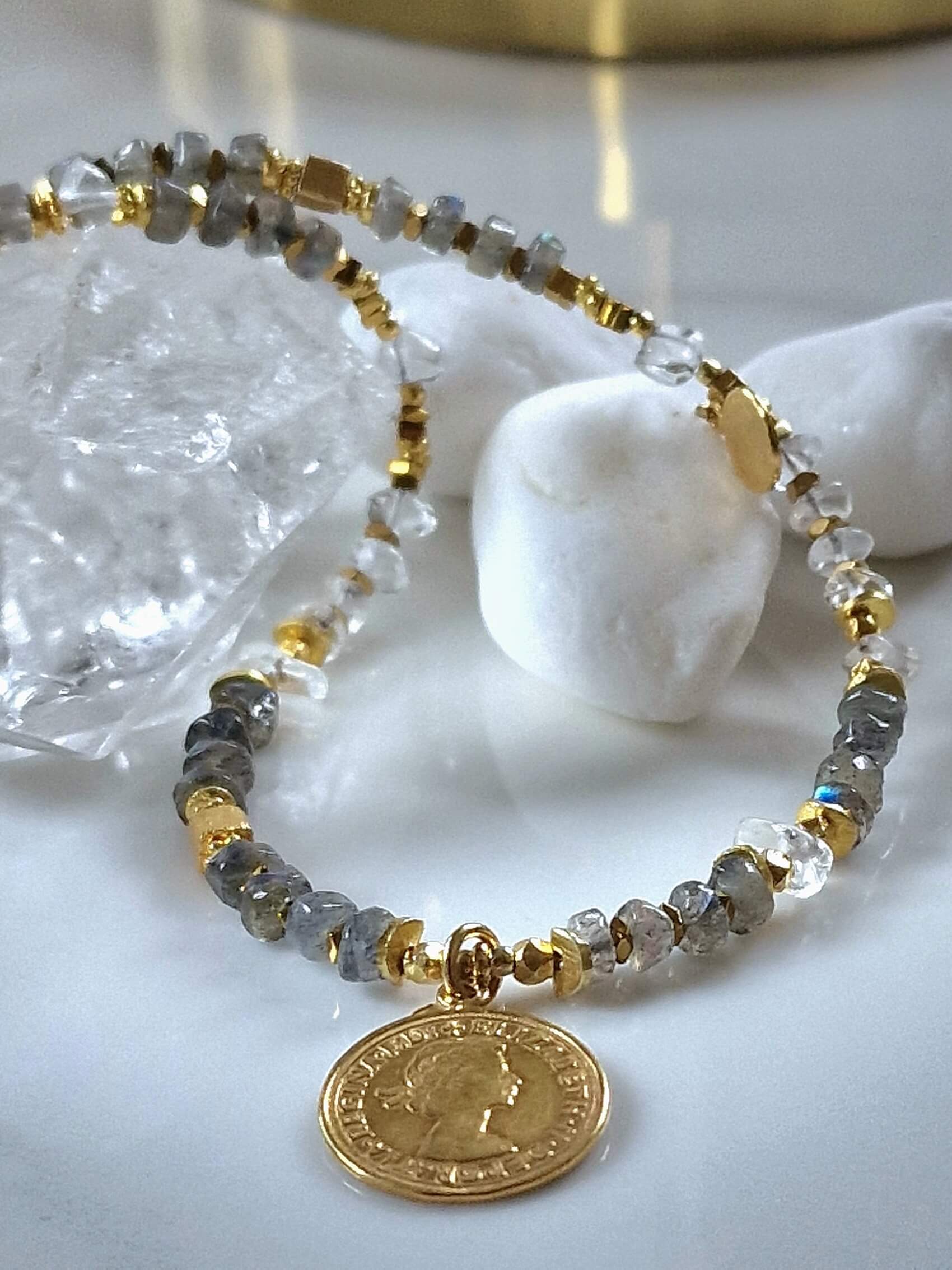 Labradorite and Rock Crystal Necklace with Pendant - Coin
