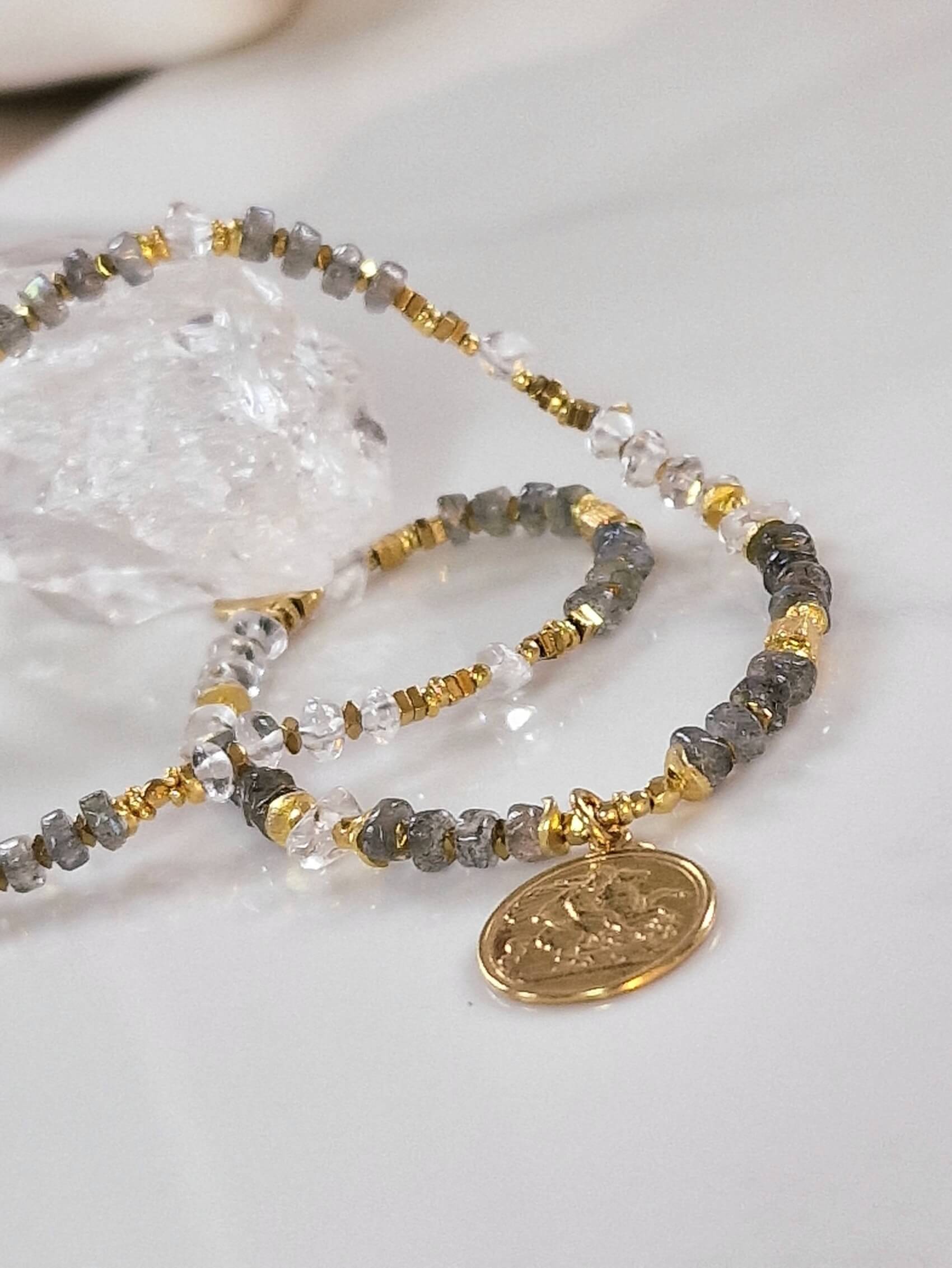 Labradorite and Rock Crystal Necklace with Pendant - Coin