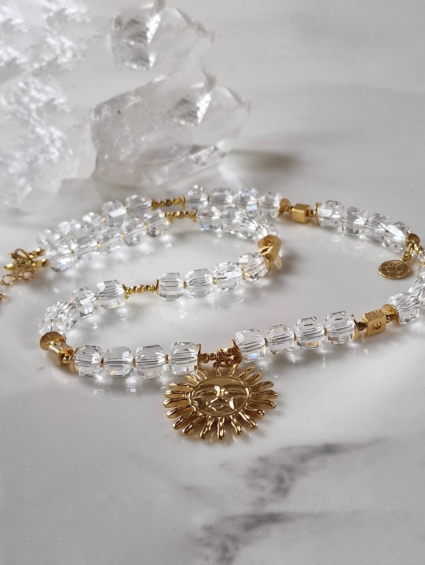 Rock Crystal Necklace with Pendant - Sun