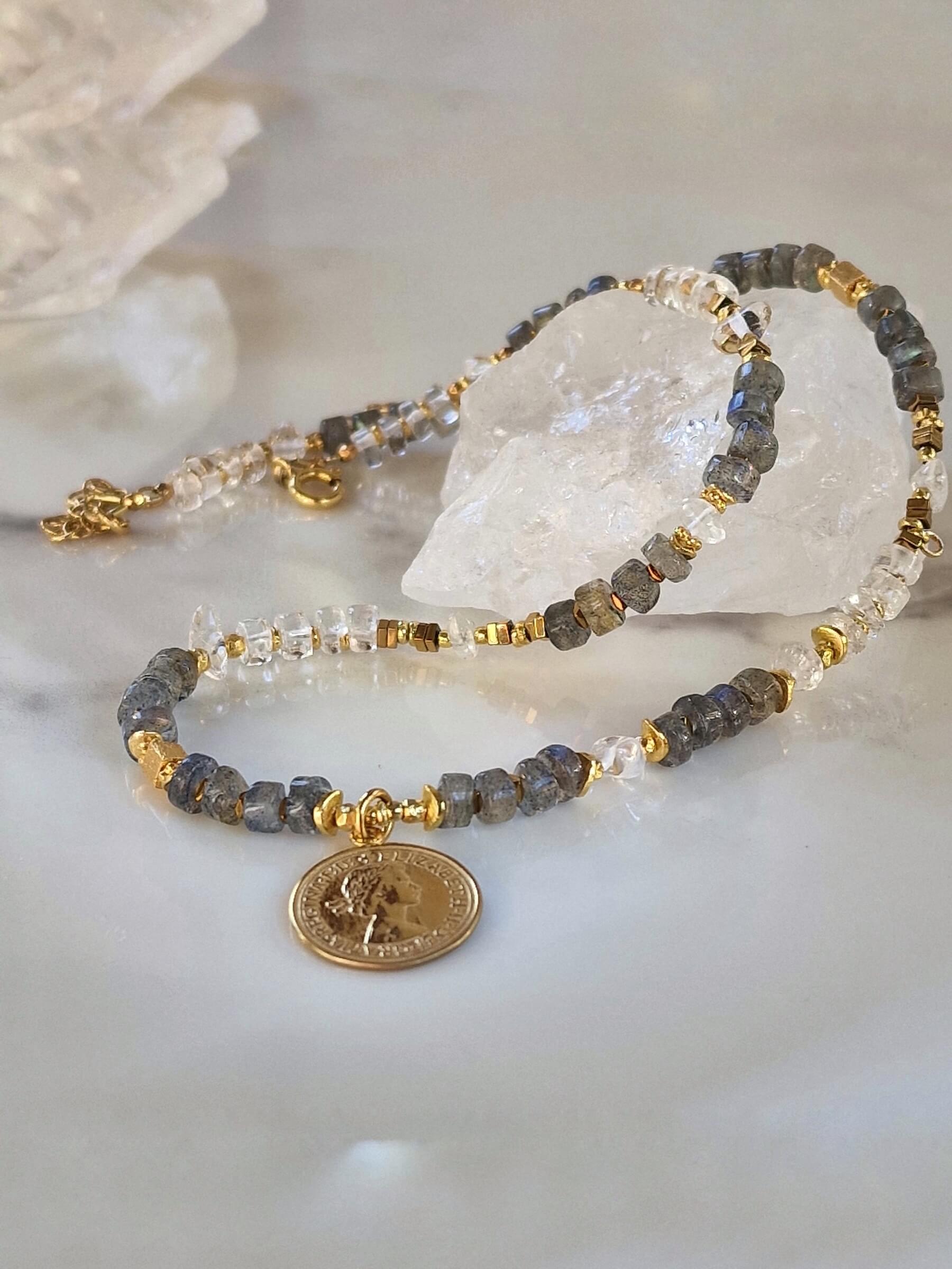 Labradorite and Rock Crystal Necklace with Pendant - Coin