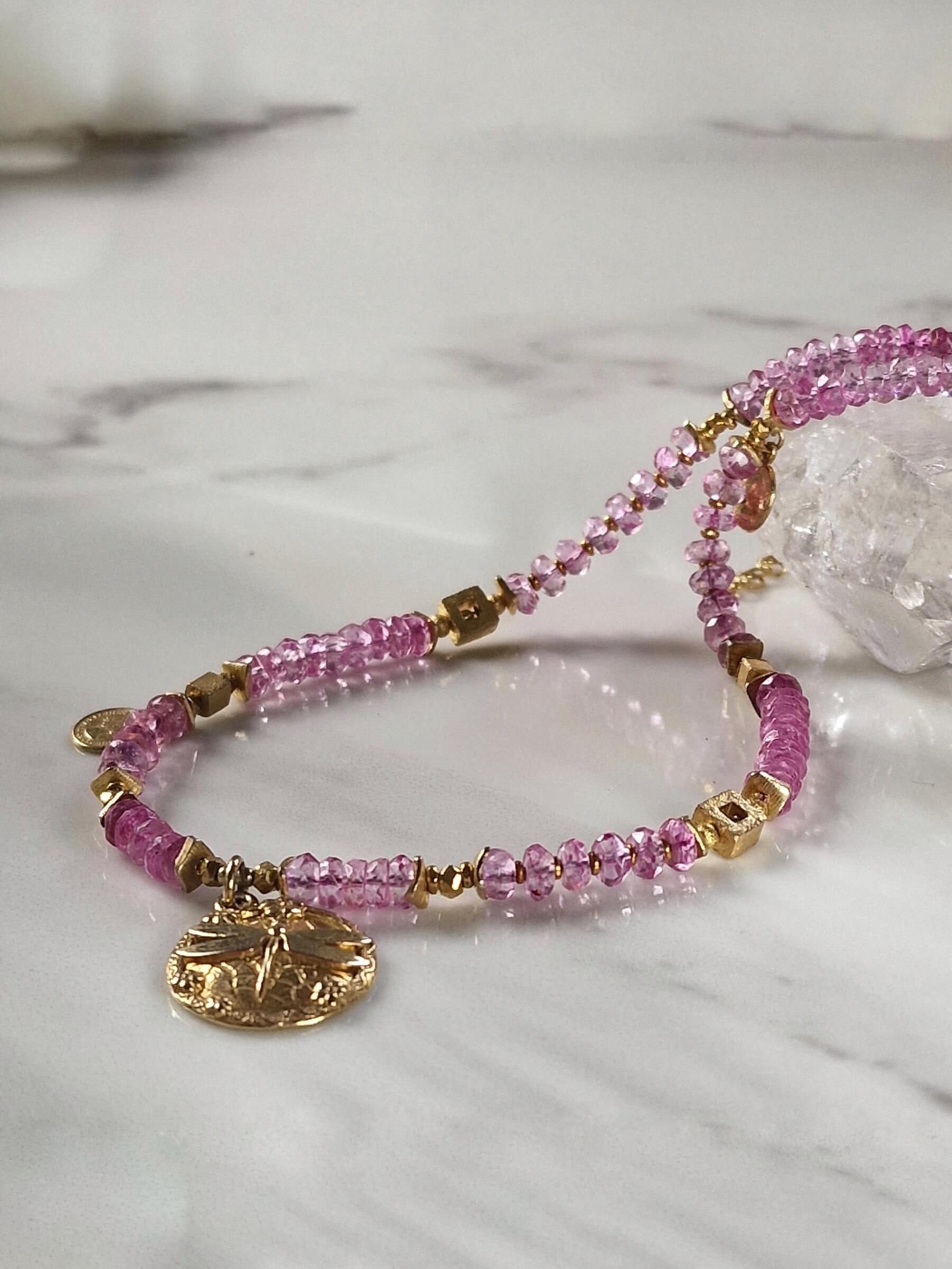 Pink Topaz Necklace with Dragonfly Coin Pendant