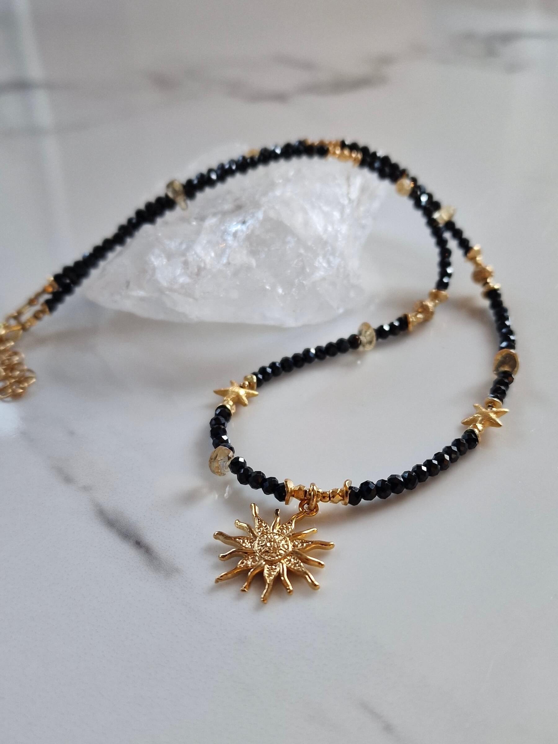 Black and Gold Necklace with Pendant - Sun