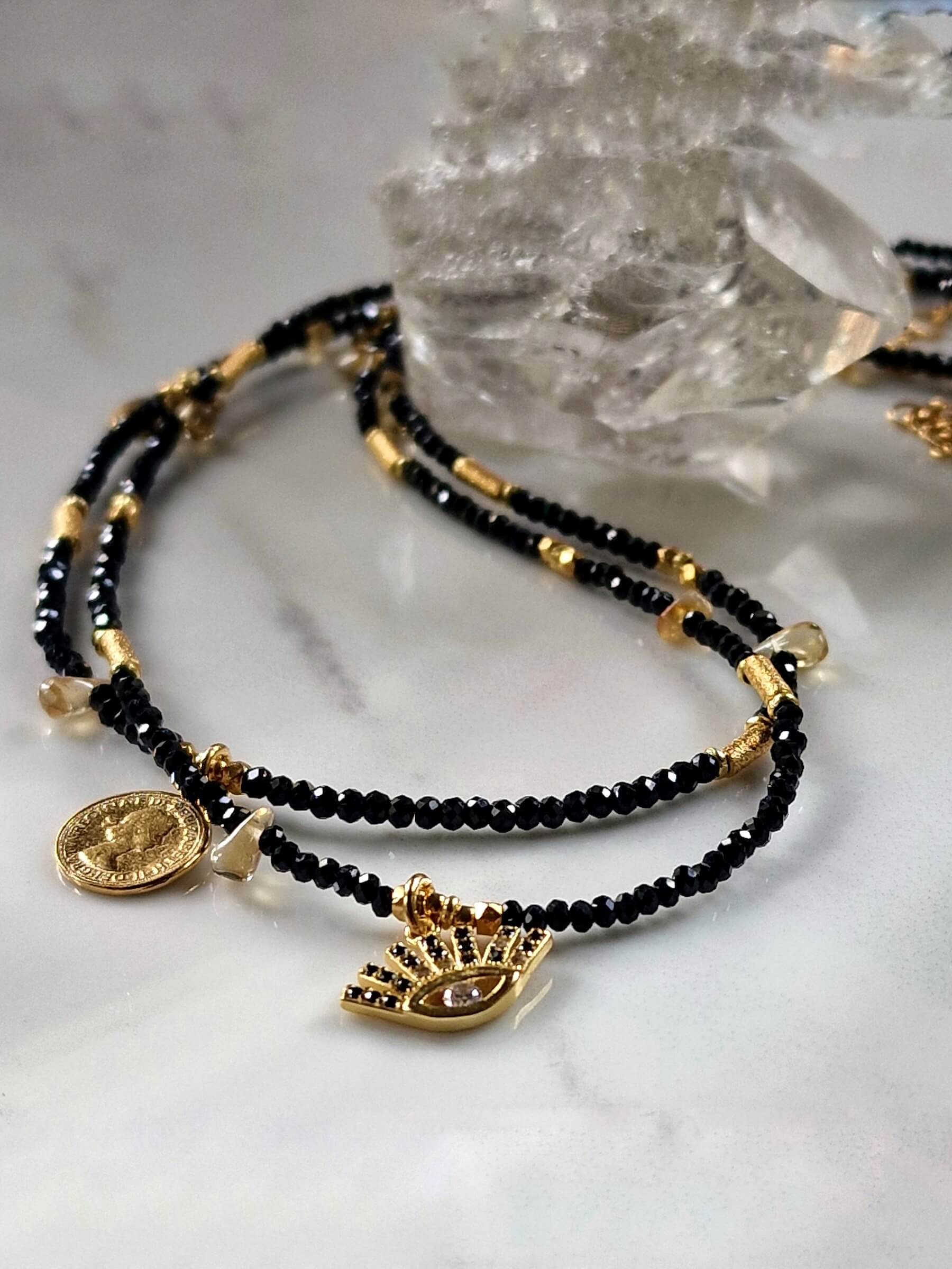 Naszyjnik Czarno-Złoty z Zawieszką - oko