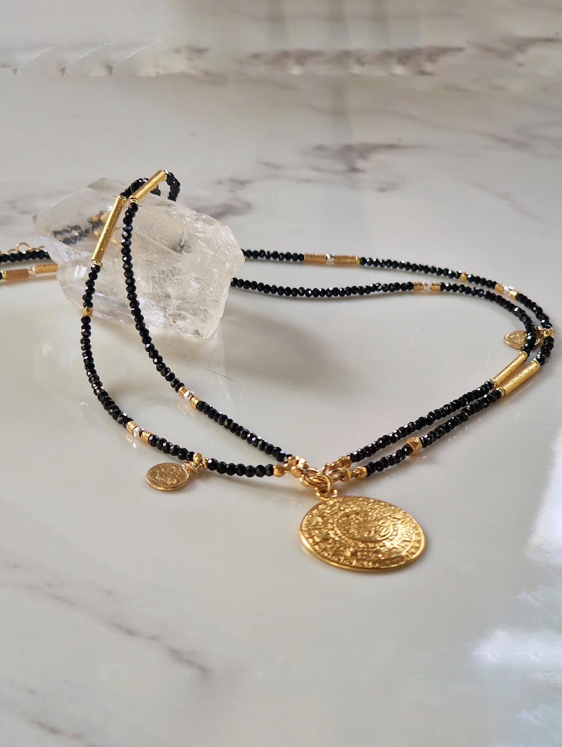 Double Black and Gold Necklace with Pendant - Aztec Coin