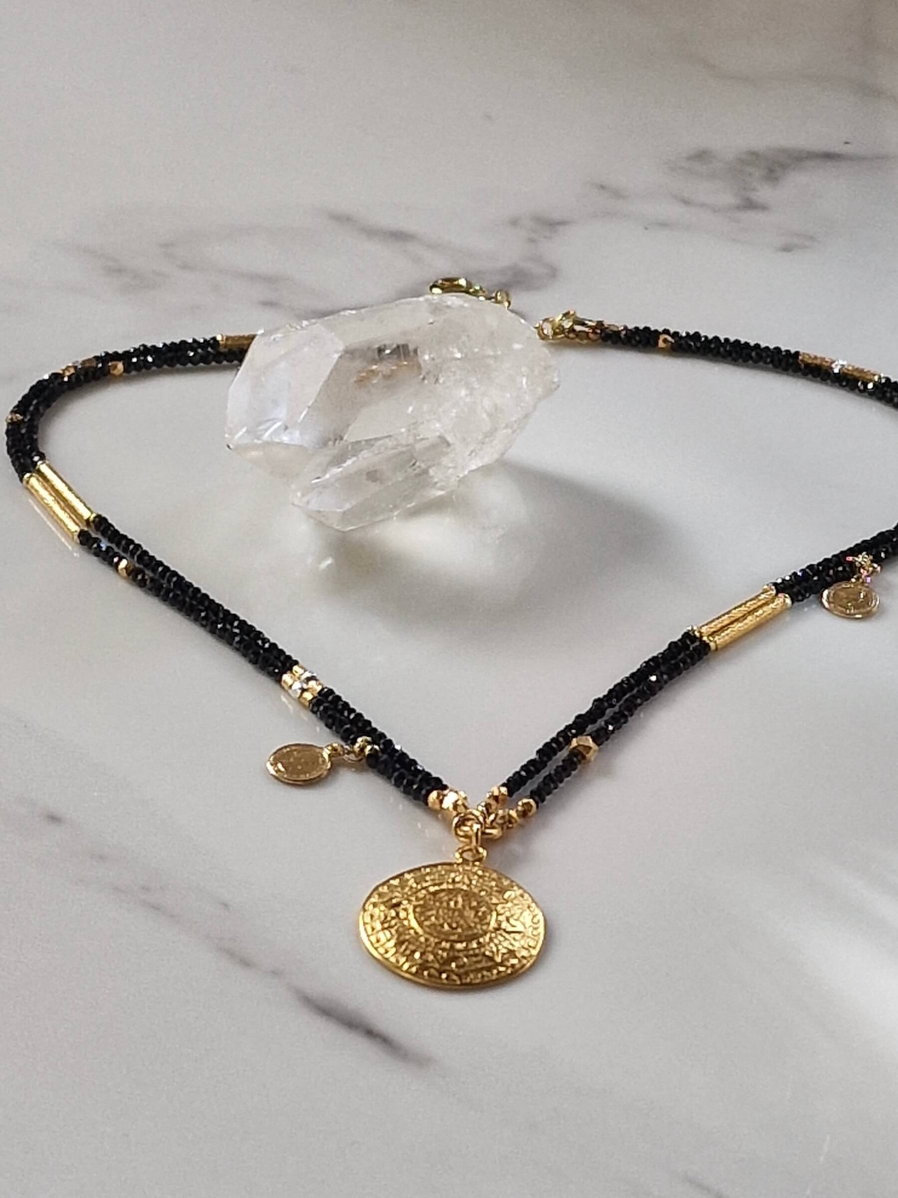 Double Black and Gold Necklace with Pendant - Aztec Coin
