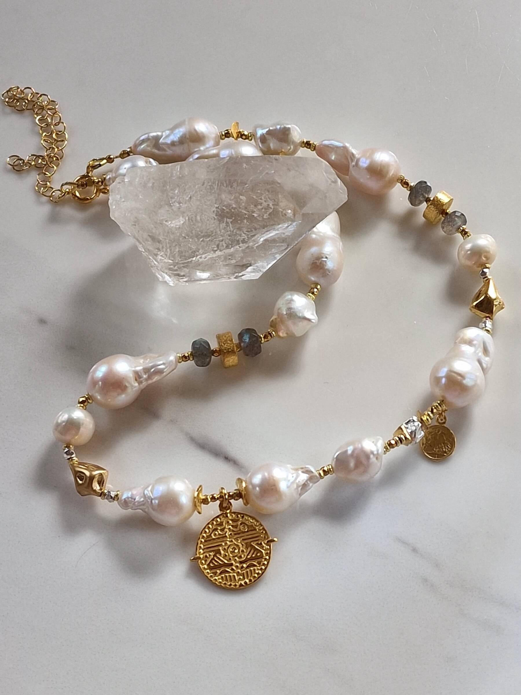 Irregular Pearl Necklace with Labradorite and Pendant - Small Aztec Coin