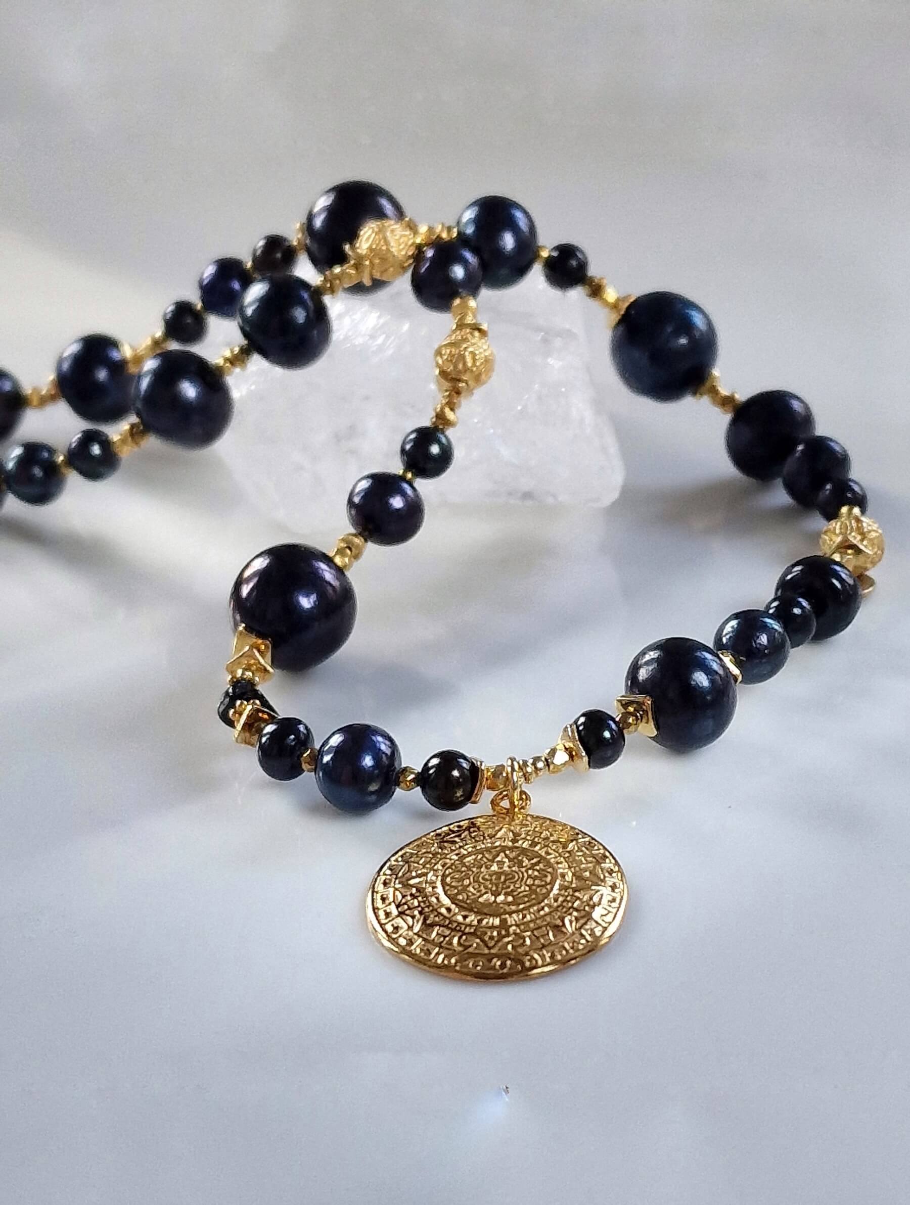 Black Pearl Necklace with Aztec Coin Pendant