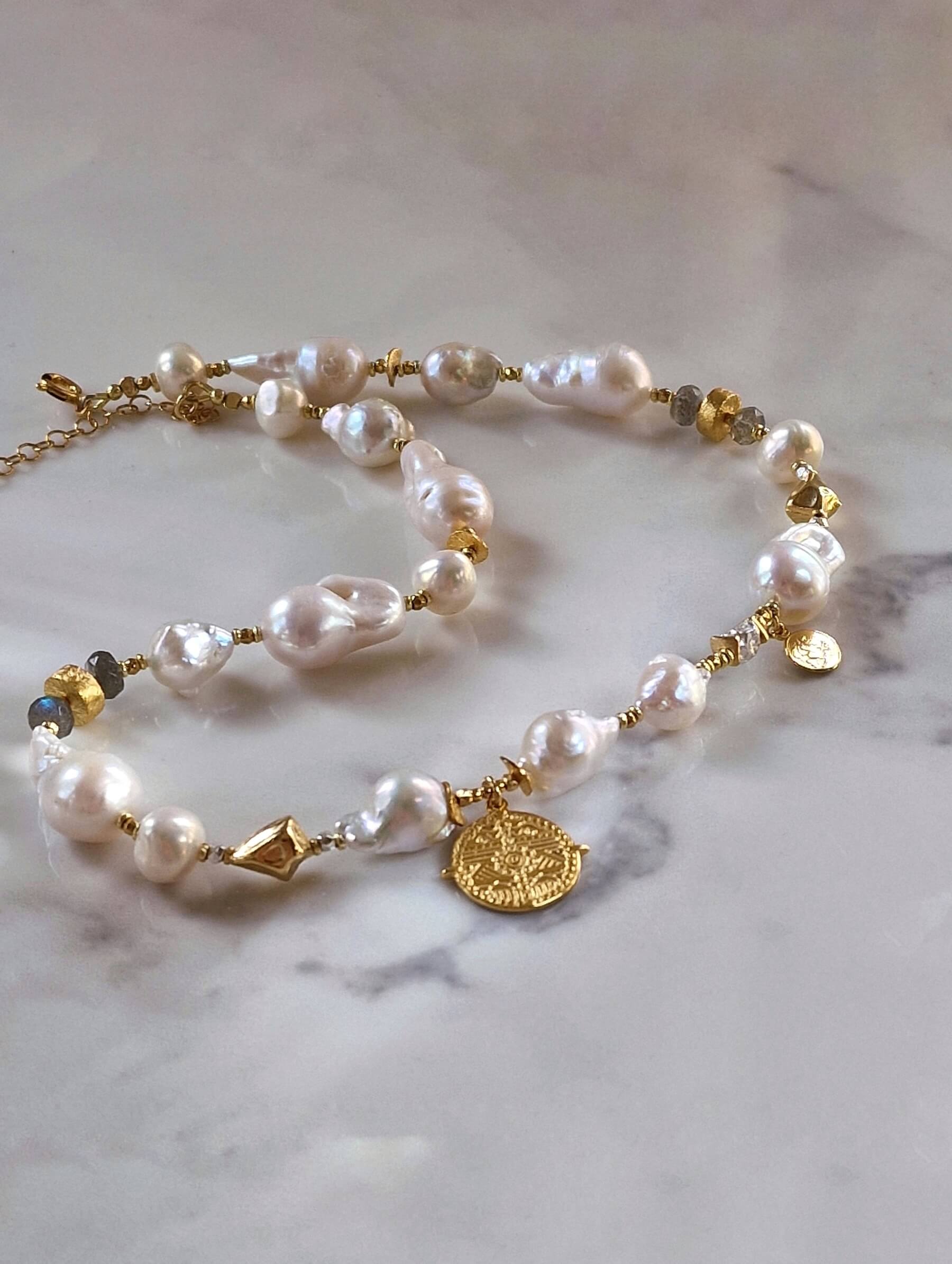 Irregular Pearl Necklace with Labradorite and Pendant - Small Aztec Coin