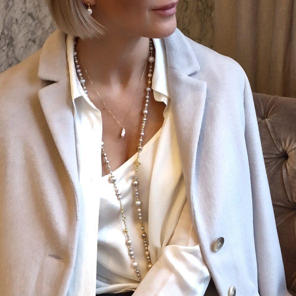 Bardzo długie różowo szare perły z bransoletką